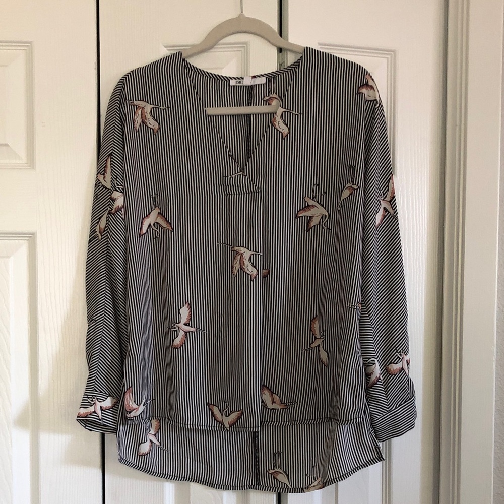 DR2 Striped Bird-Print Long Sleeve Tunic - Black, White & Pink